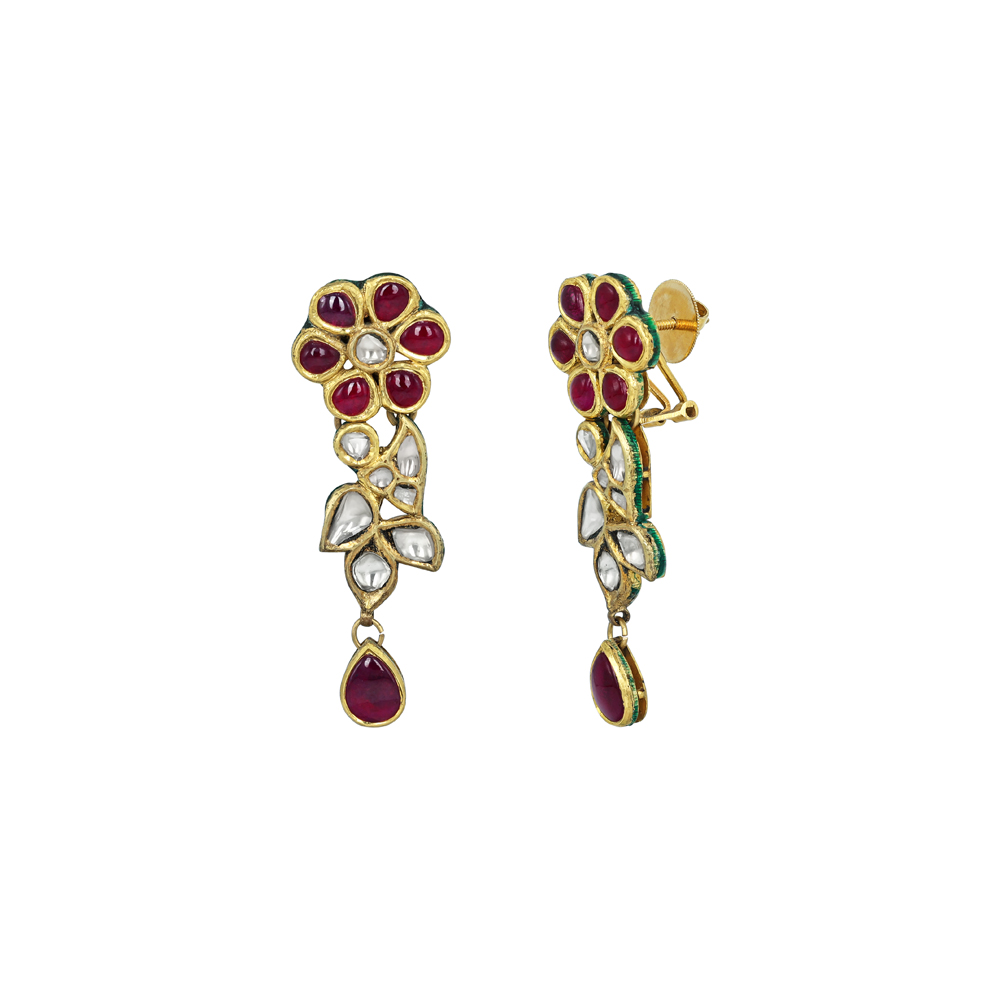 Floral Red Cabochon Earrings with Polki Diamonds and Teardrops